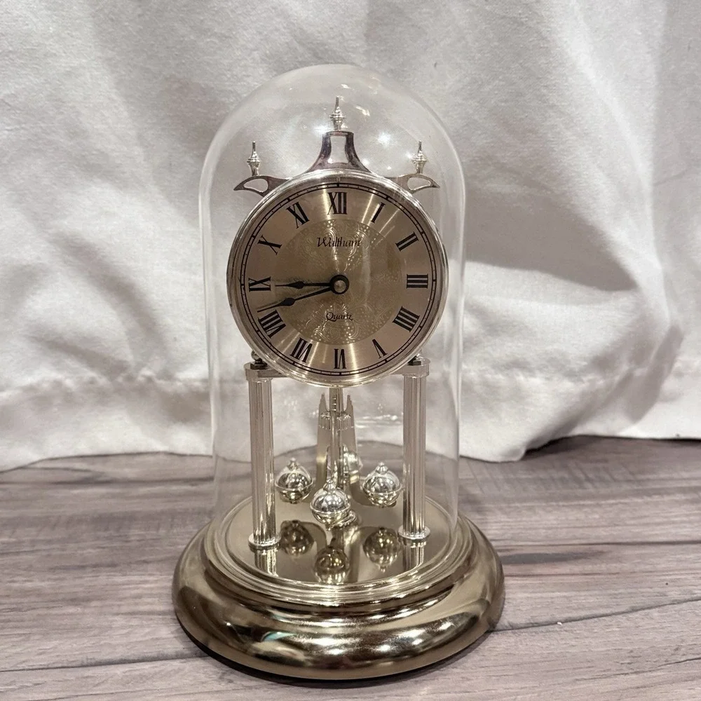 Vintage Waltham German Anniversary Clock Gold Tone Quartz Glass Dome Cover Works